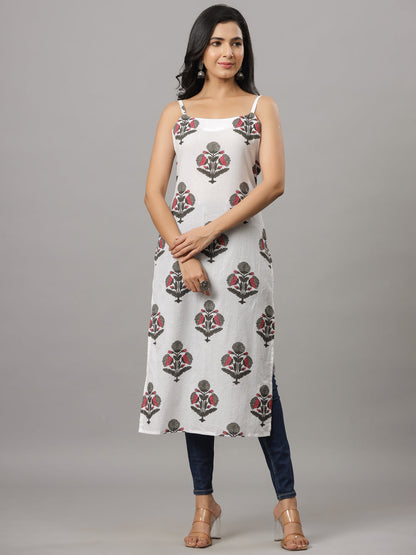 White Dobby & Grey Floral Print Strapped Kurta