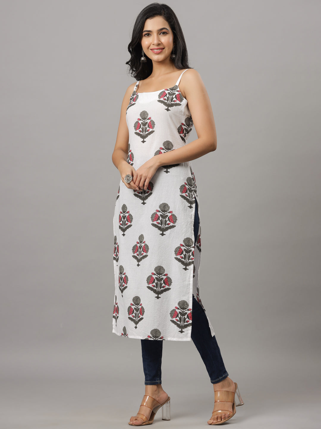 White Dobby & Grey Floral Print Strapped Kurta