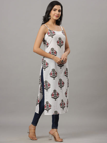 White Dobby & Grey Floral Print Strapped Kurta