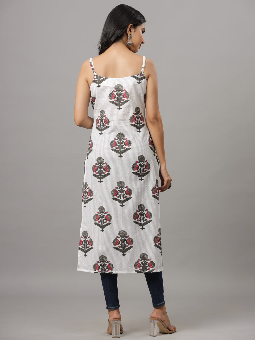 White Dobby & Grey Floral Print Strapped Kurta