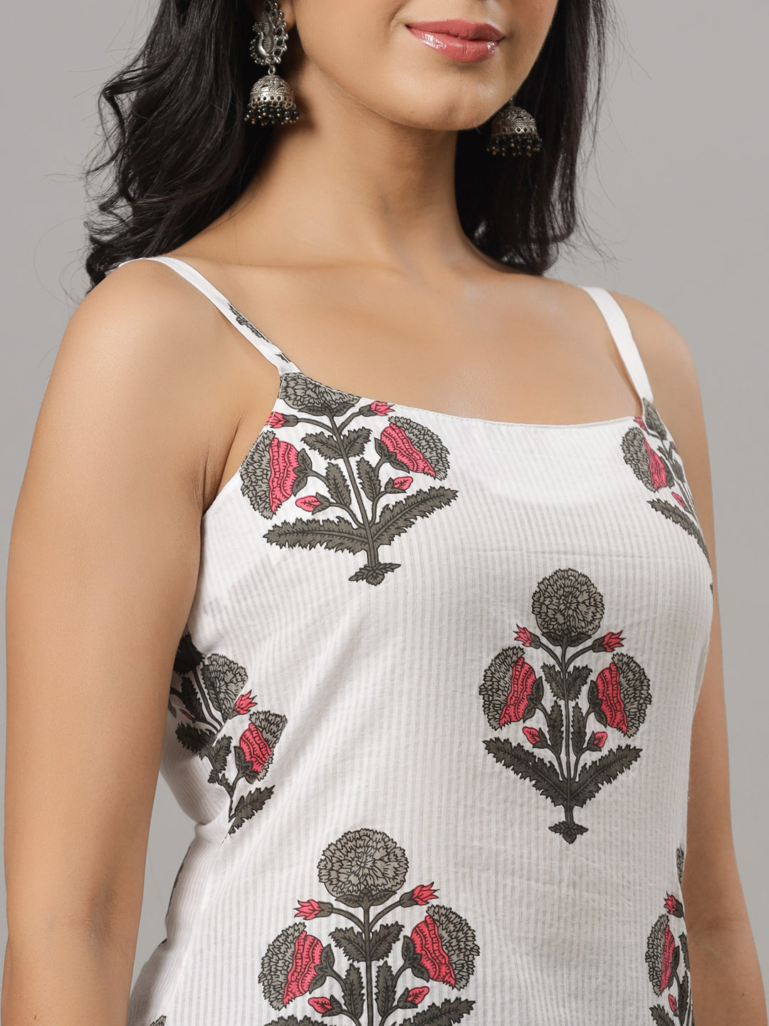 White Dobby & Grey Floral Print Strapped Kurta