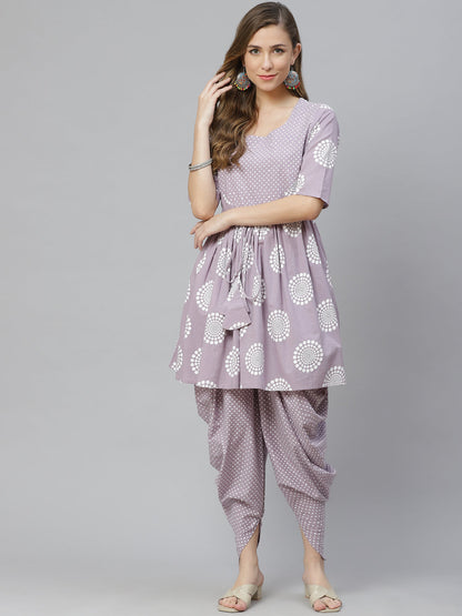 Printed Pure Cotton Above Knee Round Neck Kurta Set