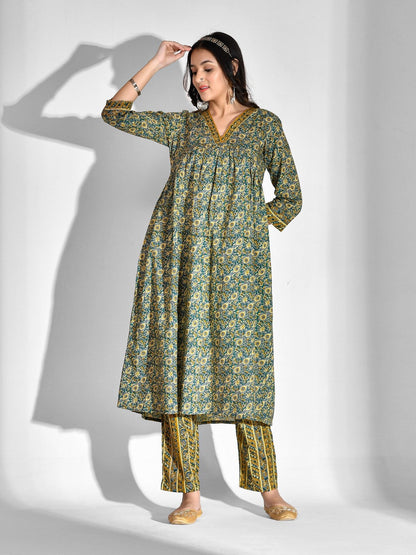 Printed Pure Cotton 3/4 Sleeve Kurta And Trouser Set