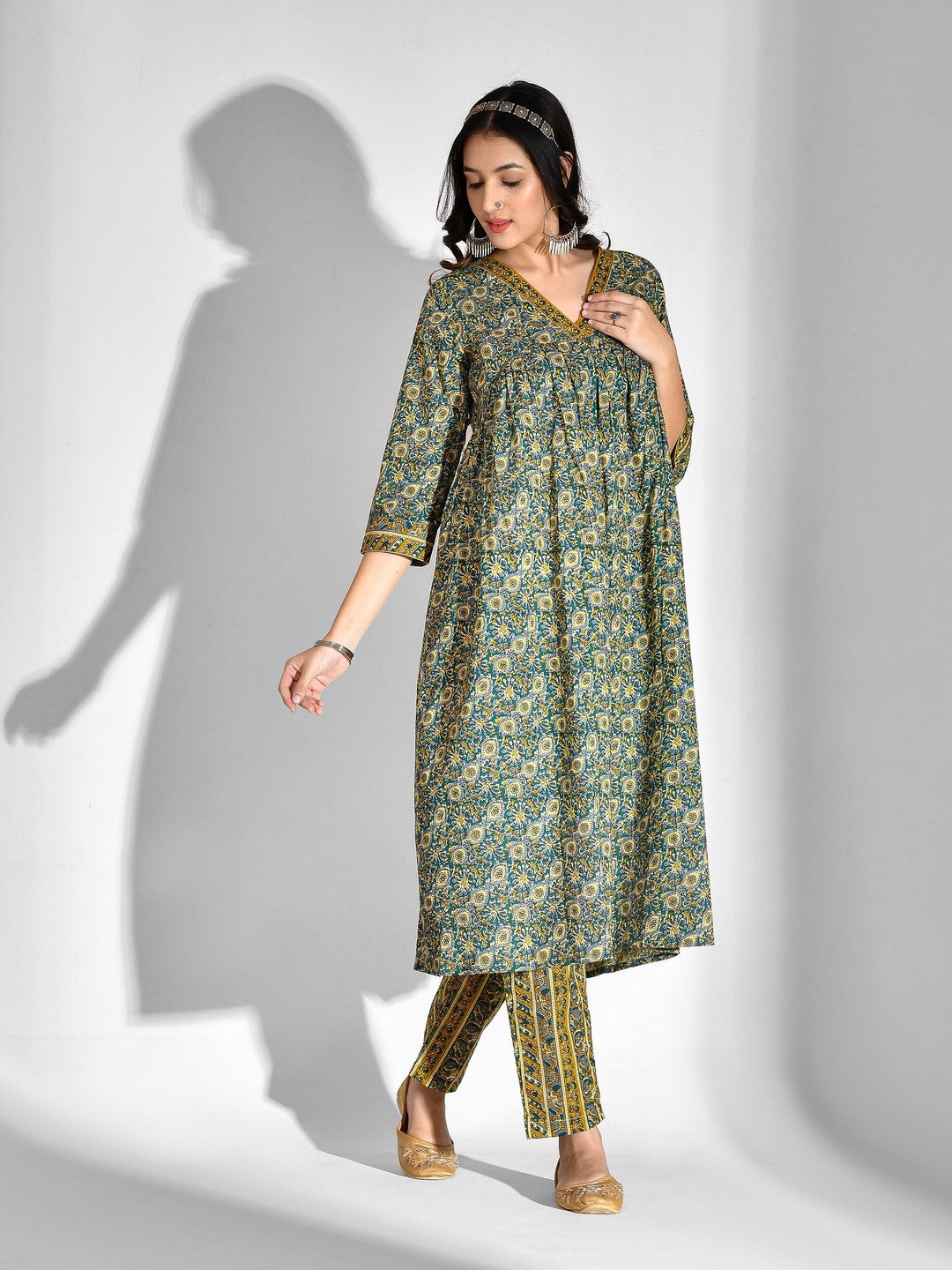 Printed Pure Cotton 3/4 Sleeve Kurta And Trouser Set