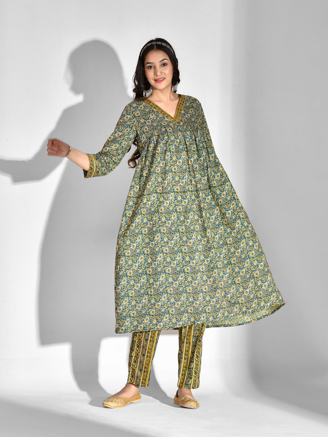 Printed Pure Cotton 3/4 Sleeve Kurta And Trouser Set