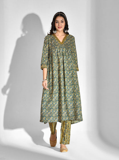 Printed Pure Cotton 3/4 Sleeve Kurta And Trouser Set