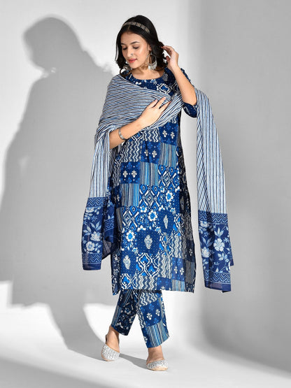 Printed Pure Cotton 3/4 Sleeve Kurta And Trouser Set With Dupatta