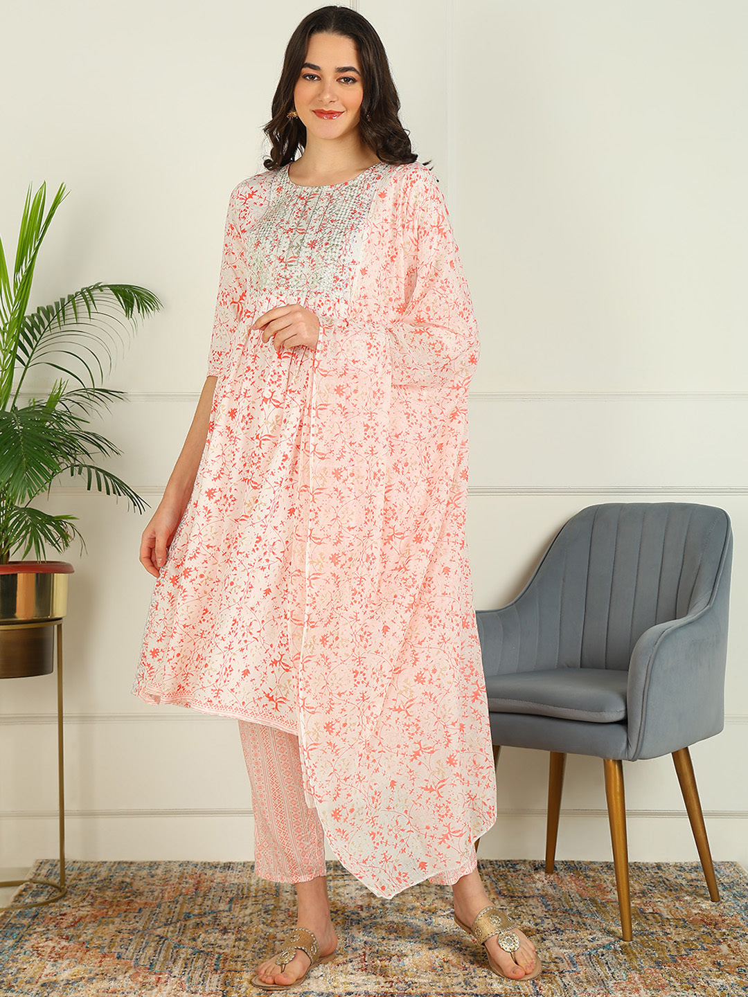 Printed Viscose Rayon 3/4 Sleeve Kurta And Palazzo Set With Dupatta