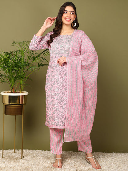 Printed Viscose Rayon 3/4 Sleeve Kurta And Trouser Set With Dupatta