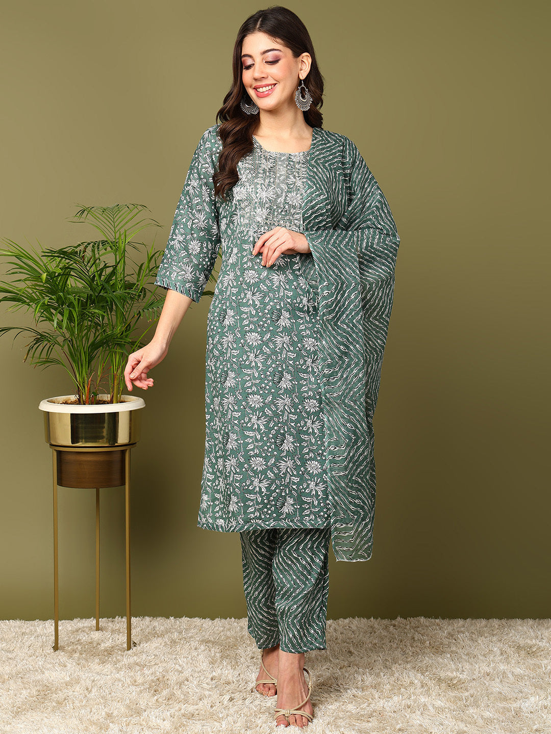 Printed Viscose Rayon 3/4 Sleeve Kurta And Trouser Set With Dupatta