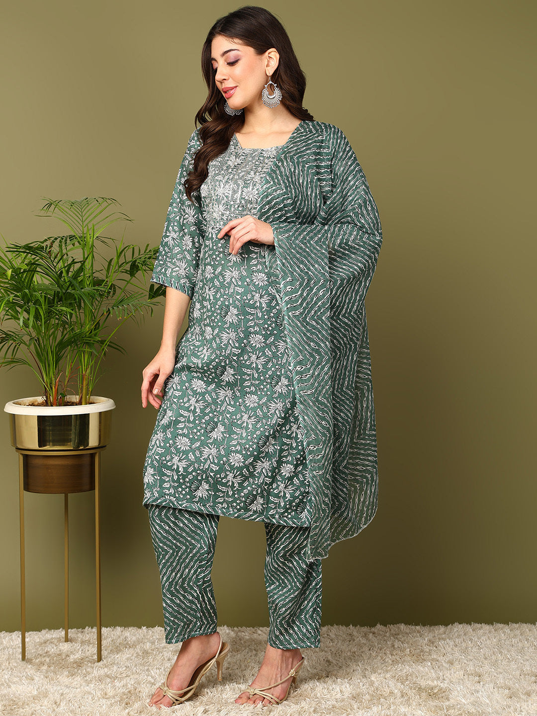 Printed Viscose Rayon 3/4 Sleeve Kurta And Trouser Set With Dupatta