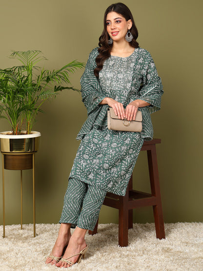 Printed Viscose Rayon 3/4 Sleeve Kurta And Trouser Set With Dupatta