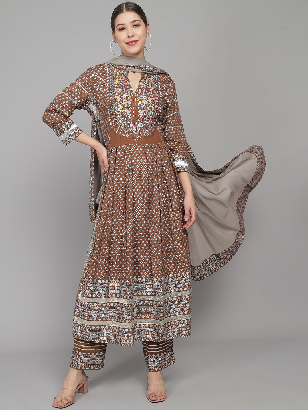 Embroidered Long A-line Viscose Kurta Set With Dupatta