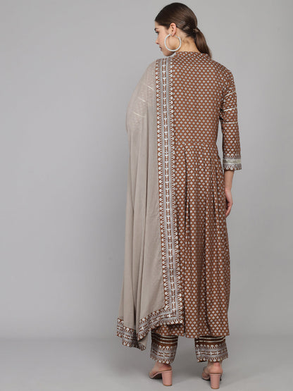 Embroidered Long A-line Viscose Kurta Set With Dupatta