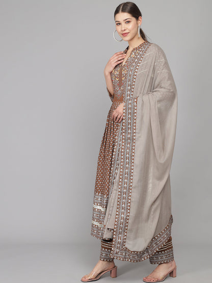 Embroidered Long A-line Viscose Kurta Set With Dupatta