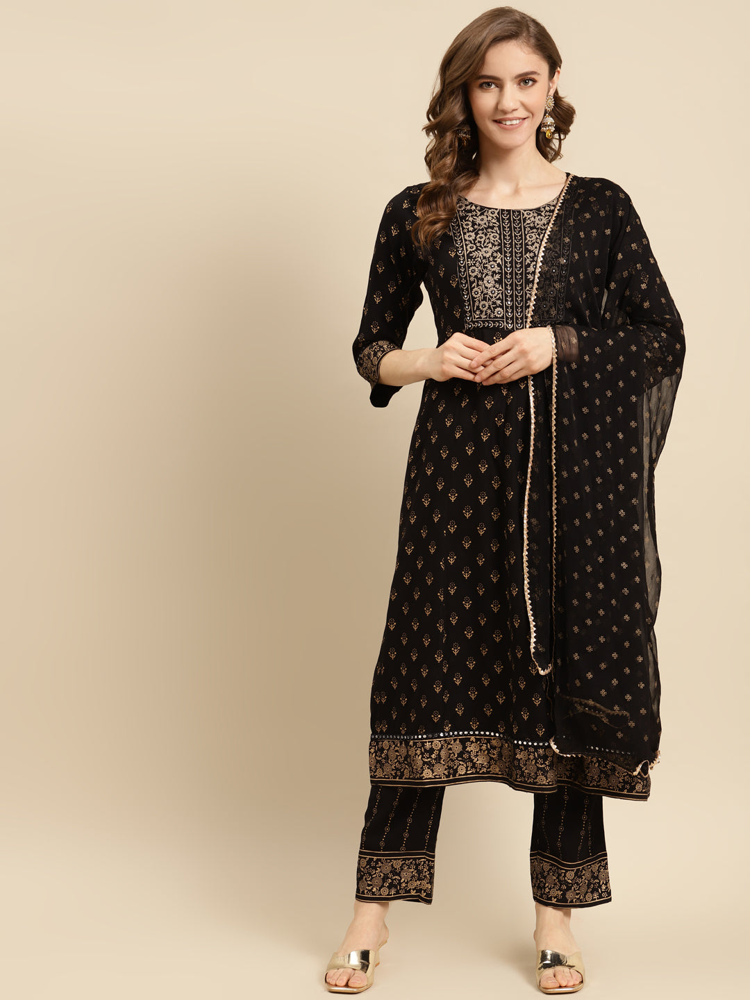 Embroidered Long A-line Rayon kurta Set