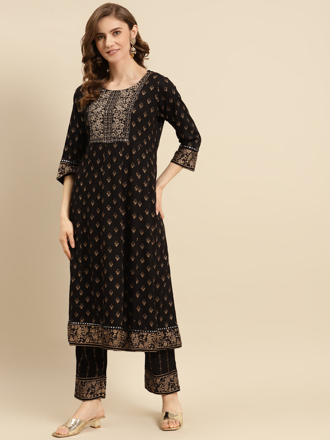 Embroidered Long A-line Rayon kurta Set