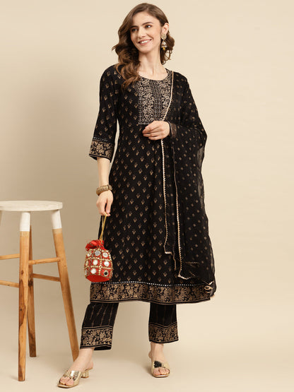 Embroidered Long A-line Rayon kurta Set