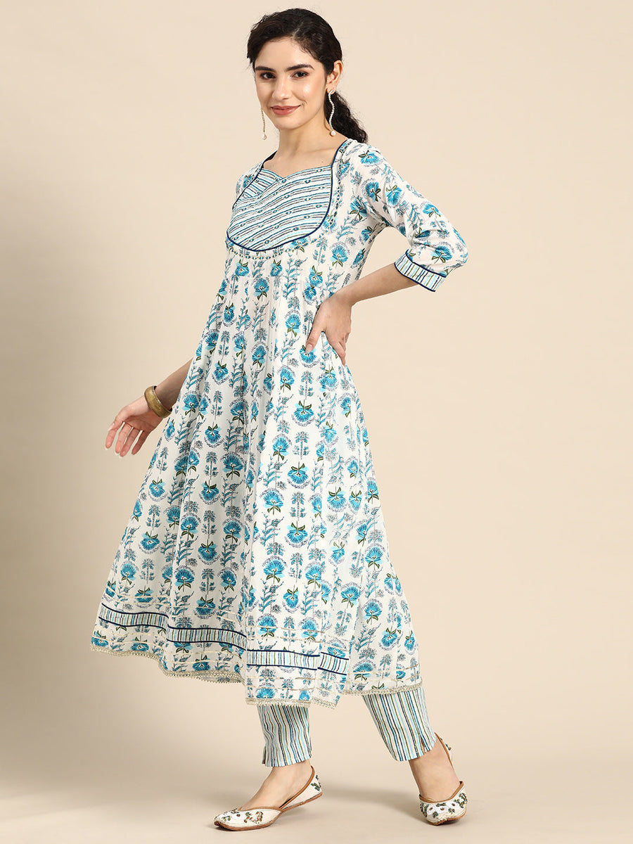 Embroidered Long A-Line Cotton Kurta Set