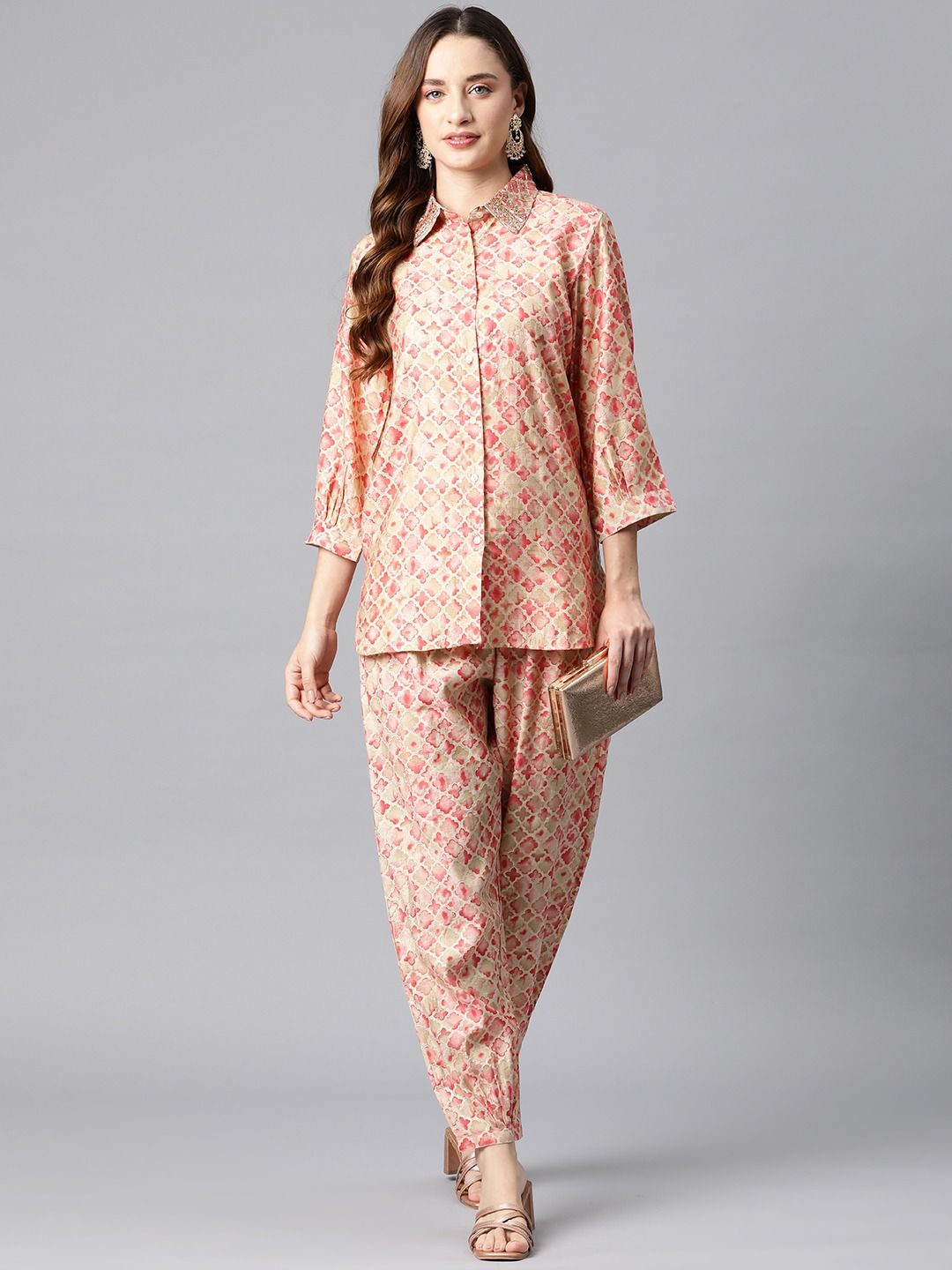 Shirt Style Cotton Fabric Pink Color Co-Ord Set