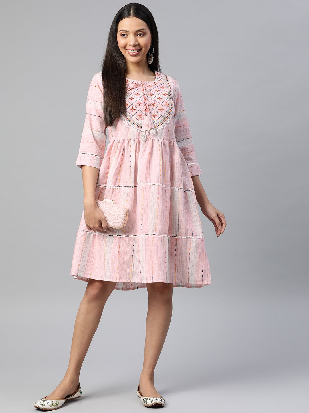 Pink Color Cotton Fabric Tiered Dress