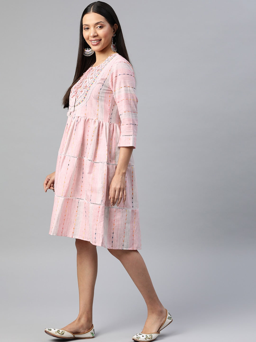 Pink Color Cotton Fabric Tiered Dress