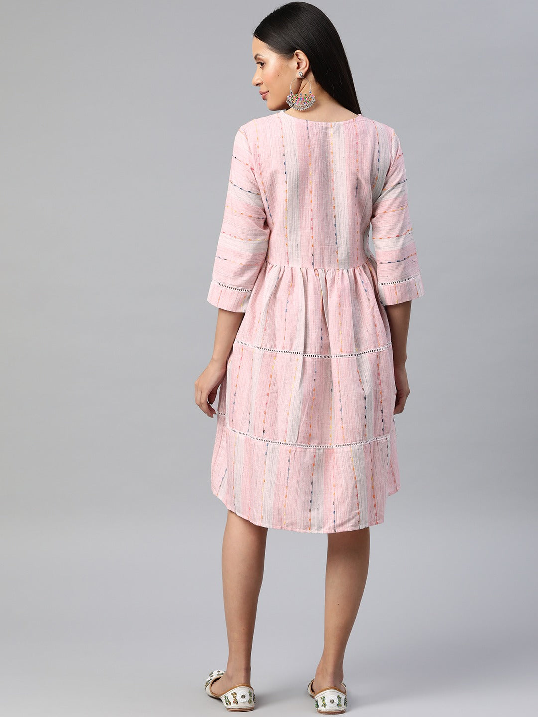 Pink Color Cotton Fabric Tiered Dress