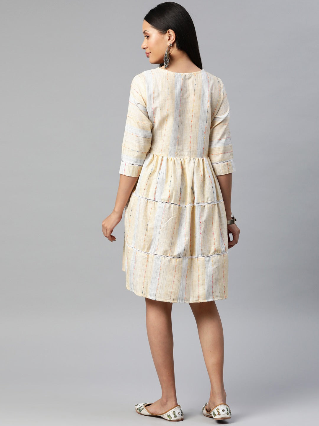 Yellow Color Cotton Fabric Tiered Dress