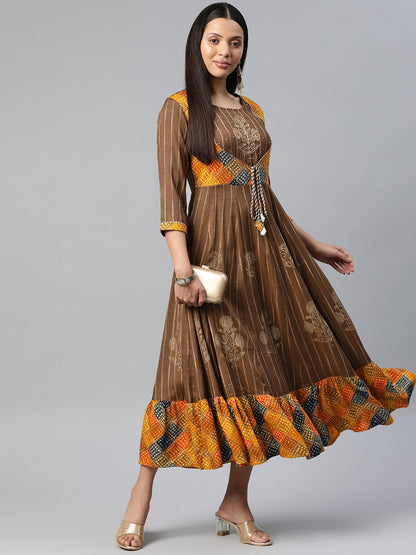 Brown Color Rayon Fabric Panelled Gown