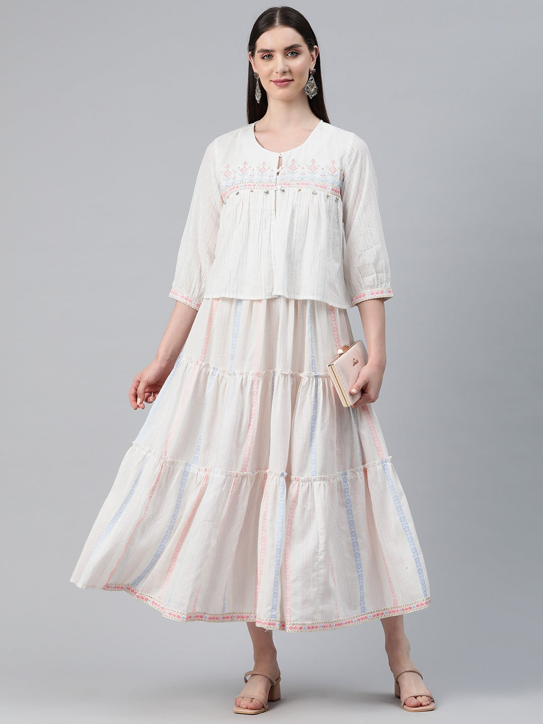 White Color Cotton Fabric Tiered Dress With Jacket