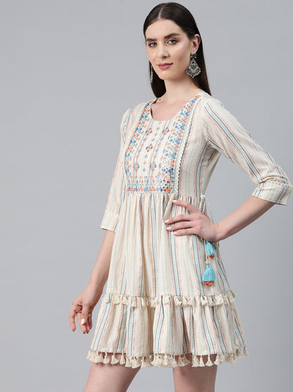 Off White Color Cotton Fabric Tiered Dress