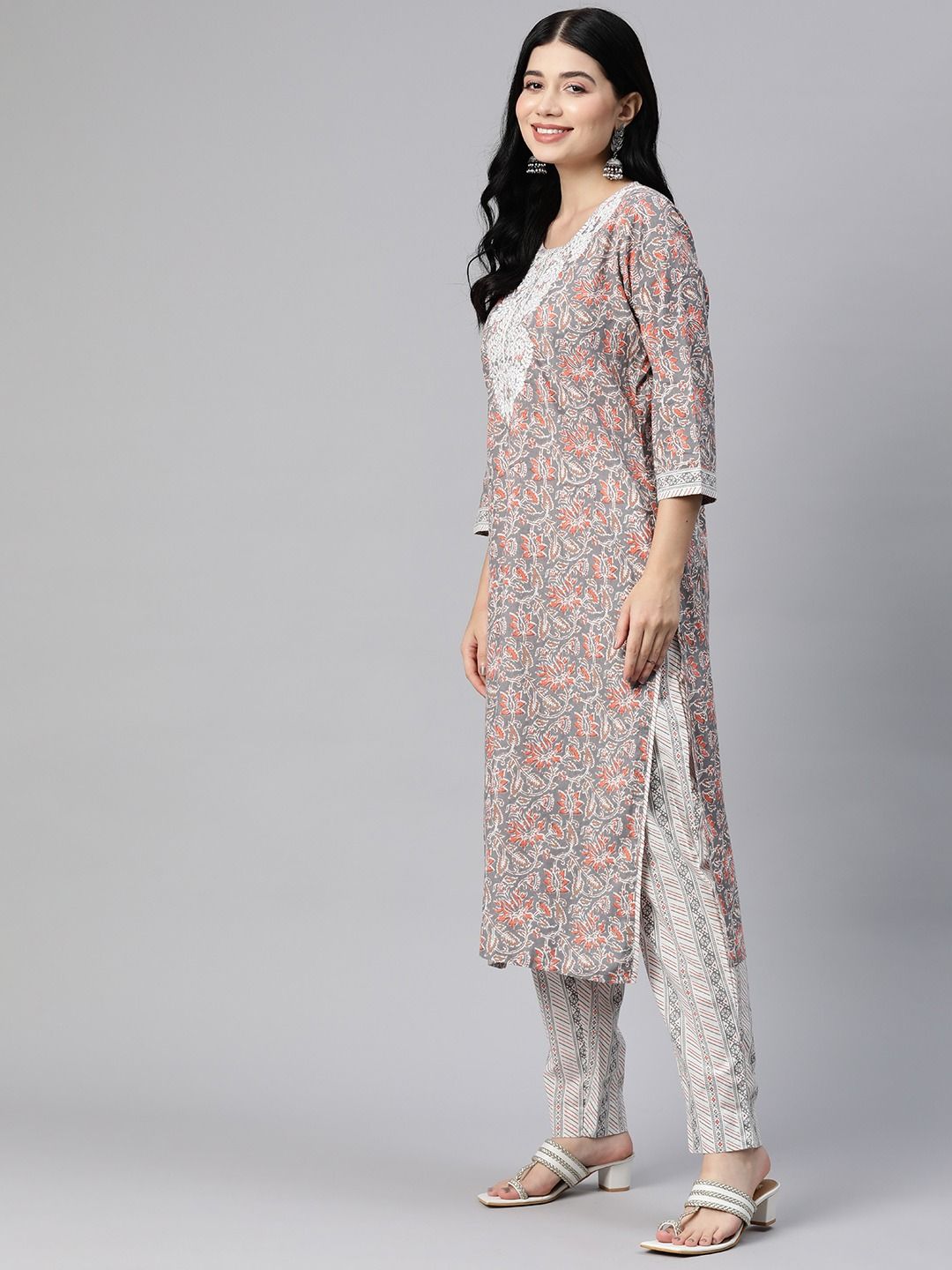 Straight Style Cotton Fabric Grey Color Kurta With Bottom With Dupatta