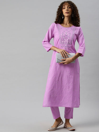 Straight Style Cotton Fabric Purple Color Kurta With Bottom
