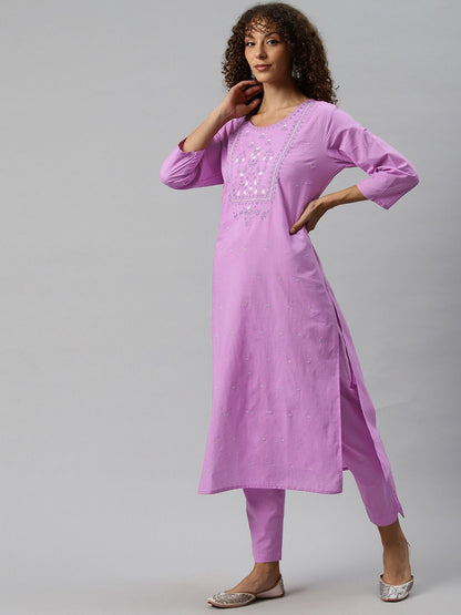 Straight Style Cotton Fabric Purple Color Kurta With Bottom