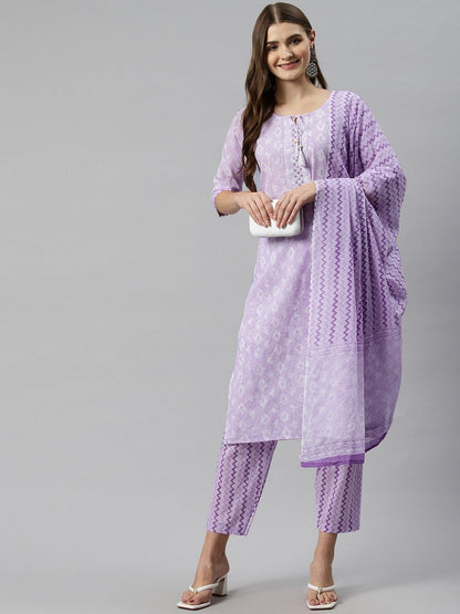 Straight Style Cotton Fabric Purple Color Kurta And Bottom With Dupatta