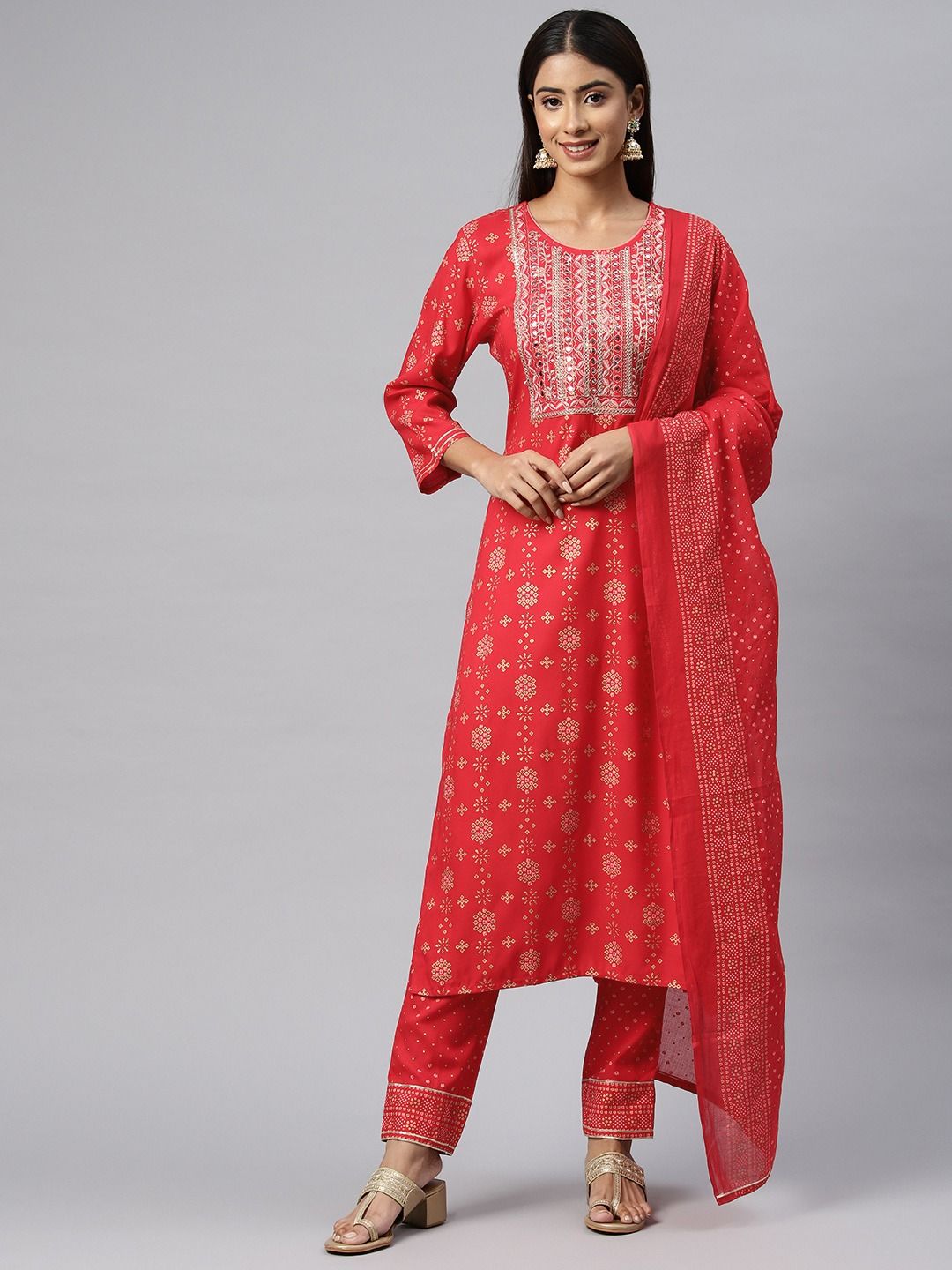 Straight  Style Rayon Fabric Red Color Kurta With Bottom