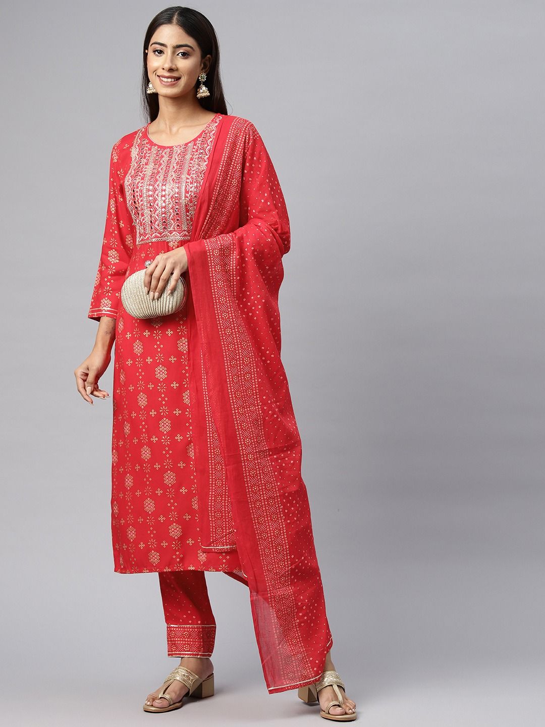 Straight  Style Rayon Fabric Red Color Kurta With Bottom