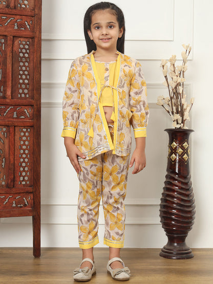 Straight Style Cotton Fabric Yellow Color Top With Pyjama And Shrug