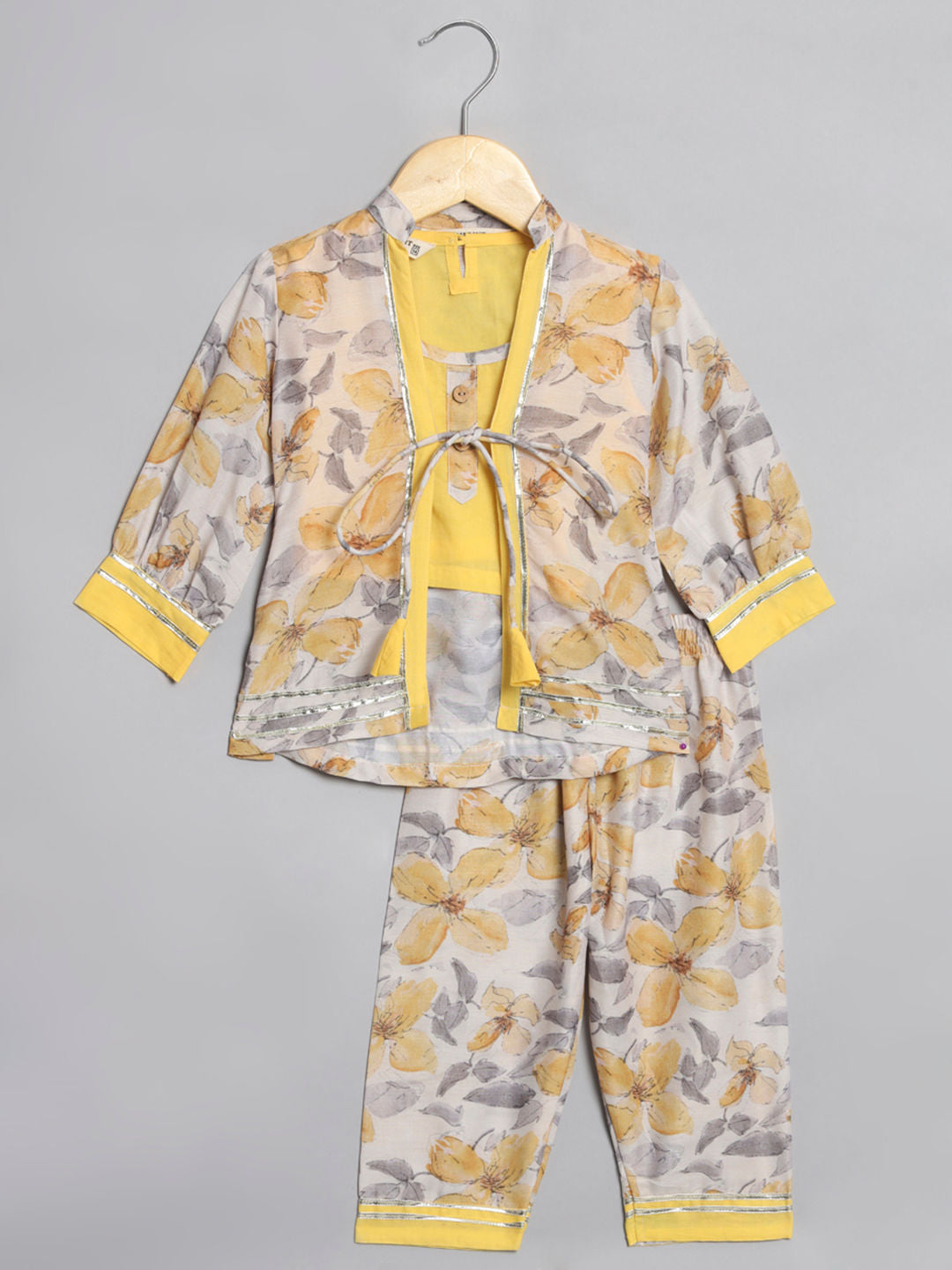 Straight Style Cotton Fabric Yellow Color Top With Pyjama And Shrug