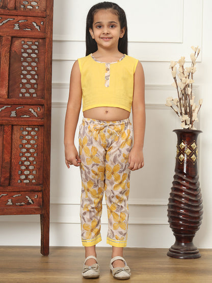 Straight Style Cotton Fabric Yellow Color Top With Pyjama And Shrug