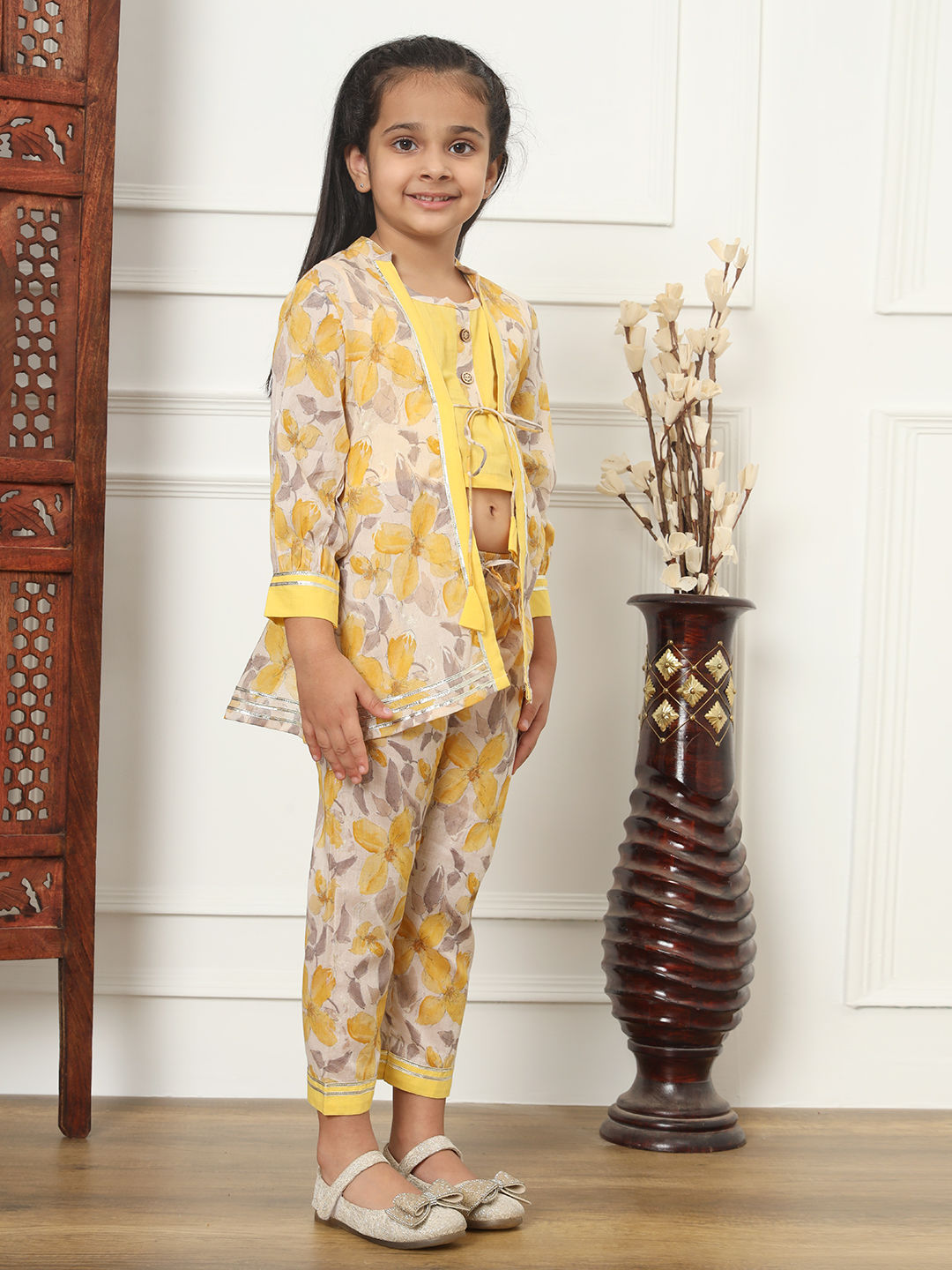 Straight Style Cotton Fabric Yellow Color Top With Pyjama And Shrug