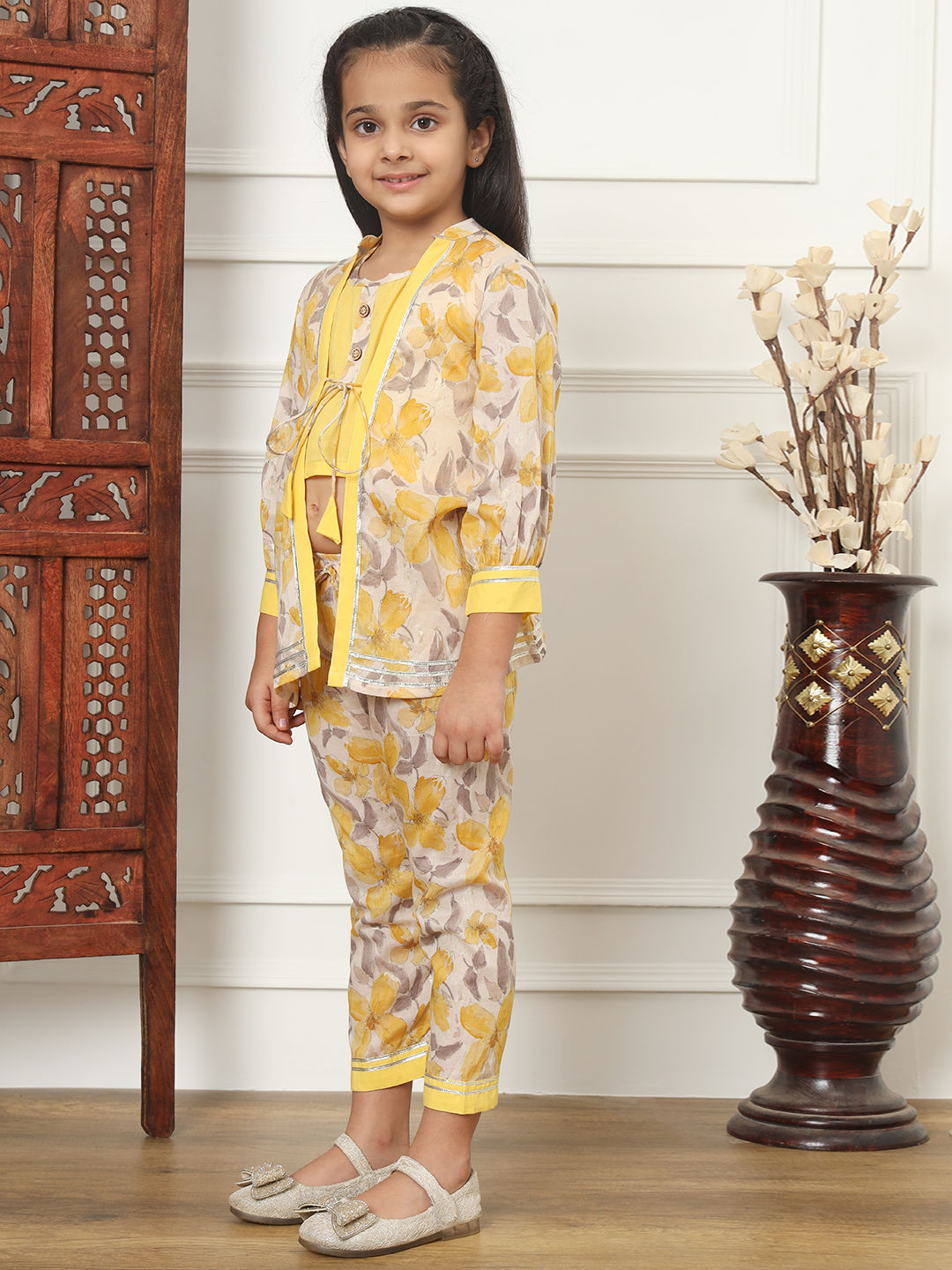 Straight Style Cotton Fabric Yellow Color Top With Pyjama And Shrug