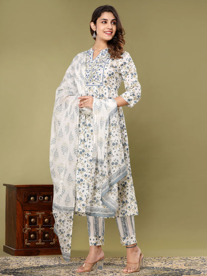 Anarkali Style Cotton Fabric Blue & White Color Kurta With Bottom & Dupatta