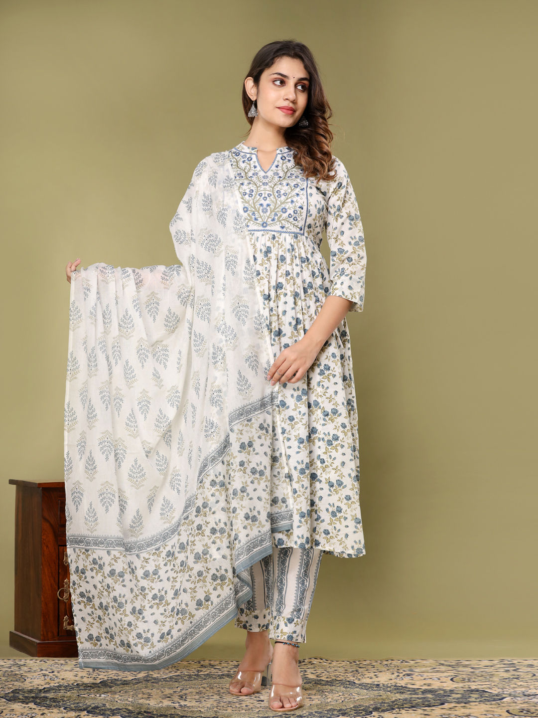 Anarkali Style Cotton Fabric Blue & White Color Kurta With Bottom & Dupatta