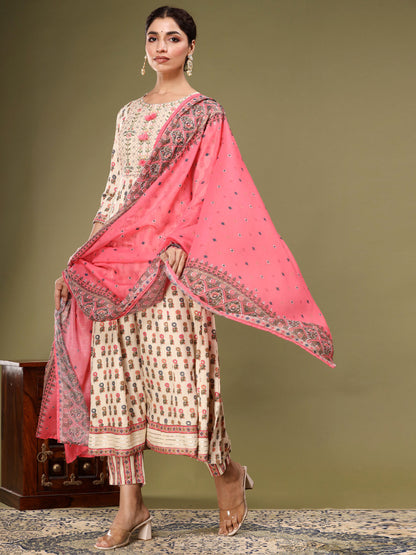 Anarkali Style Rayon Fabric Pink & Beige Color Kurta With Bottom & Dupatta