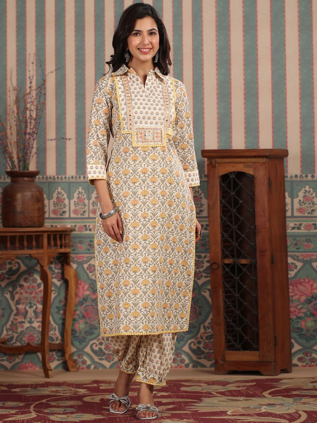 Straight Style Cotton Fabric Yellow Color Kurta And Bottom