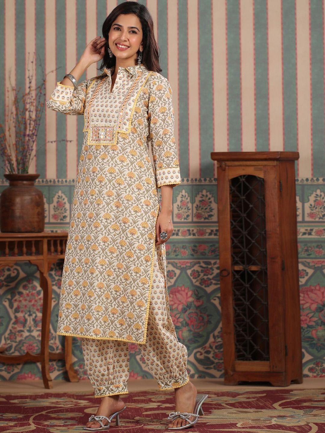 Straight Style Cotton Fabric Yellow Color Kurta And Bottom