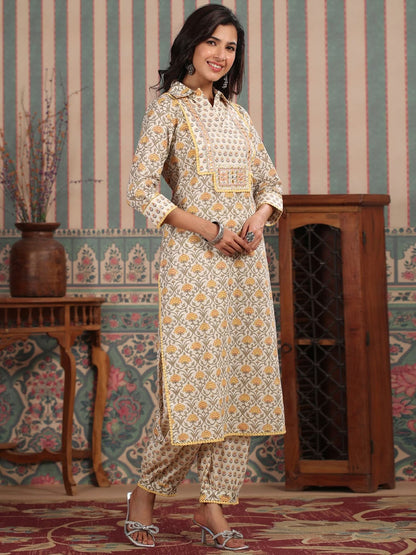 Straight Style Cotton Fabric Yellow Color Kurta And Bottom