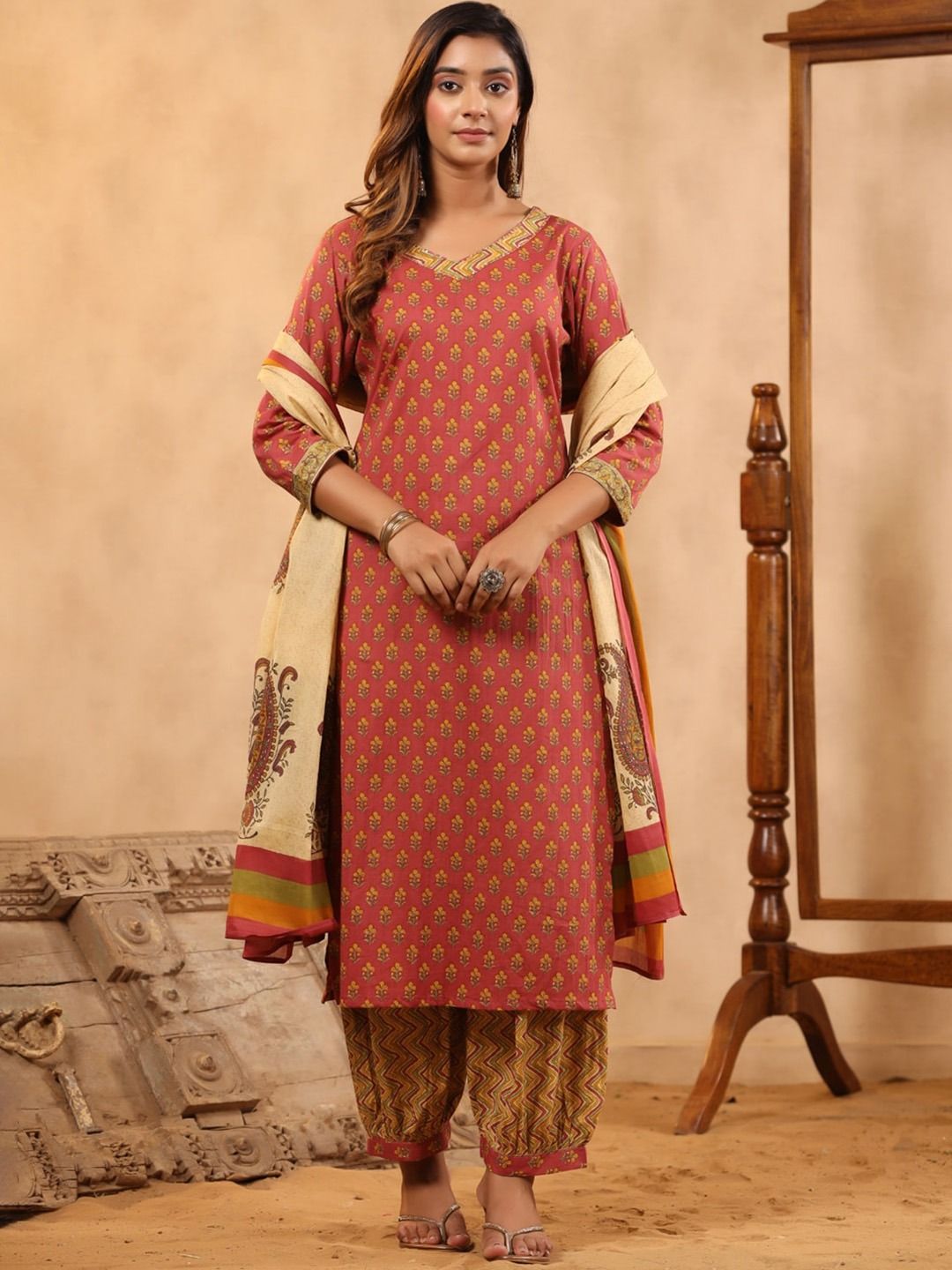 Straight Style Cotton Fabric Red Color Kurta And Bottom With Dupatta