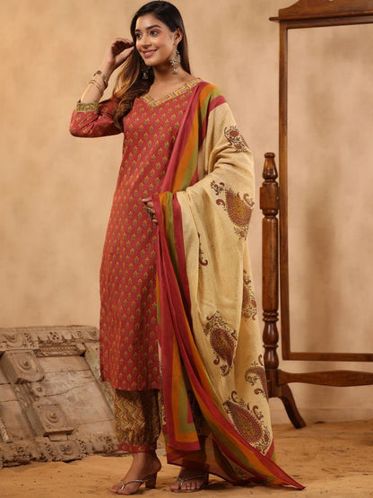 Straight Style Cotton Fabric Red Color Kurta And Bottom With Dupatta